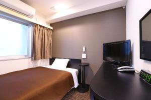 東京にあるアーバイン東京・羽田蒲田のベッド1台、薄型テレビが備わるホテルルームです。