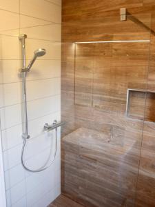 a shower with a glass door in a bathroom at FeWo Julie in Winterberg