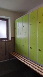 ein Umkleideraum mit grünen Schließfächern und einem Fenster in der Unterkunft Gästehaus Maria in Lermoos