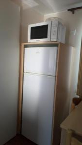 a microwave sitting on top of a refrigerator at Au cœur des collines gersoise in Saramon