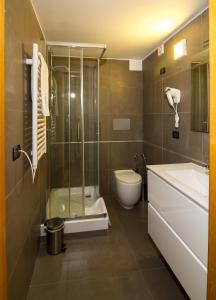 a bathroom with a shower and a toilet and a sink at Hotel Europa in Taranto