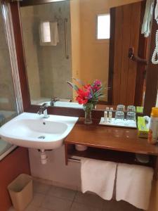 a bathroom with a sink and a mirror at Hotel Jardin Savana Dakar in Dakar