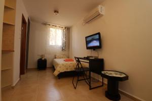 Habitación pequeña con cama y TV. en Hadass Desert Inn, en Dimona