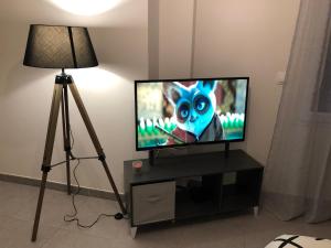 a flat screen tv sitting on a stand next to a lamp at Studio 104 in Mantes-la-Jolie