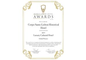 Certifikát, hodnocení, plakát nebo jiný dokument vystavený v ubytování Corpo Santo Lisbon Historical Hotel