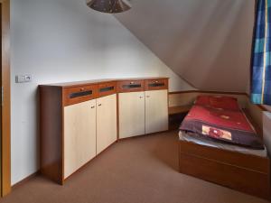 a small room with a bed and cabinets in a attic at Apartmán Bílé Labe in Špindlerův Mlýn