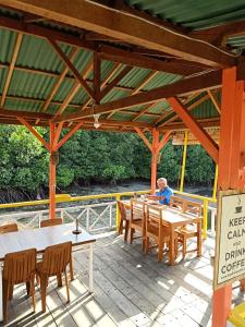 um homem sentado numa mesa num deque de madeira em D&D homestay em Pesanggaran