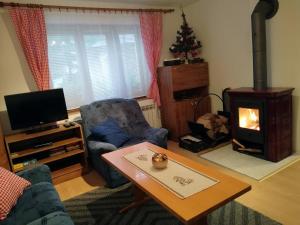 a living room with a fireplace and a stove at Chata Hrádok in Liptovský Hrádok
