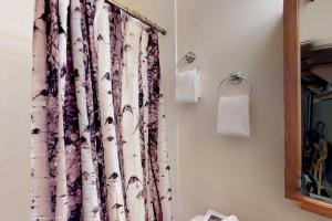 a bathroom with a shower curtain and a toilet at Alyeska North #400 in Girdwood