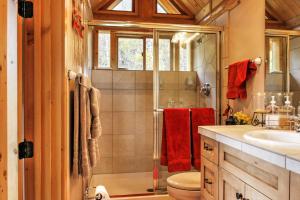 a bathroom with a shower and a toilet and a sink at 7 Mi to Granby Ranch Secluded Cabin with Mtn Views! in Granby +21 photos