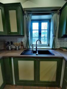 eine Küche mit grünen Schränken, einem Waschbecken und einem Fenster in der Unterkunft Chalupa MODŘÍN in Horní Maršov
