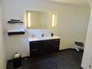 a bathroom with a sink and a toilet and a mirror at New, modern apartment near the centre of Tórshavn in Tórshavn