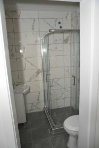 a bathroom with a shower and a toilet and a sink at My Place Lux Apartament in Ohrid
