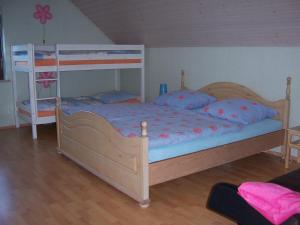 um quarto com 2 beliches e almofadas azuis em Ferienwohnung am Pfaffenfels em Schönau