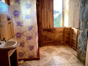 a bathroom with a sink and a shower curtain at Casa Alquimia in Monteverde Costa Rica
