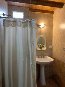 a bathroom with a shower curtain and a sink at Casa Confortable in Mar del Plata