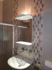 a bathroom with a sink and a mirror at Apartment Green Free private parking in Novi Sad