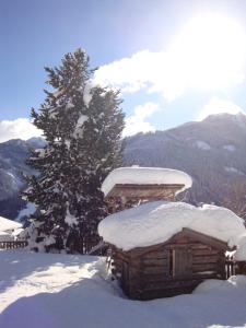 una cabaña de madera en la nieve con un árbol en Gästehaus Obererlacher, en Obertilliach