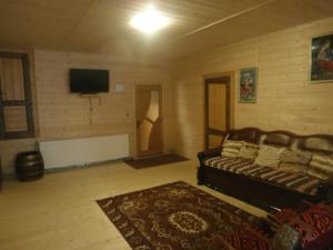 ein Wohnzimmer mit einem Sofa und einem Flachbild-TV in der Unterkunft Karpatskiy Domik Izki in Izky