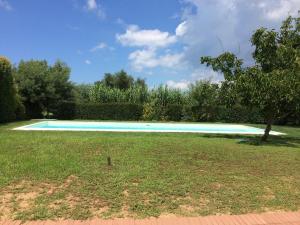 una grande piscina blu in un cortile di Graziosa casetta con Piscina a Castagneto Carducci
