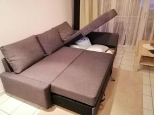 a brown couch sitting in a living room at Value stay in apartment 100m from beach promenade in Blankenberge