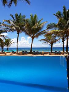 a swimming pool with palm trees on the beach at Oasey Beach Hotel in Bentota