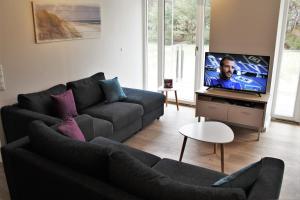 ein Wohnzimmer mit einem Sofa und einem Flachbild-TV in der Unterkunft Bruchbude mit Meerblick in Binz