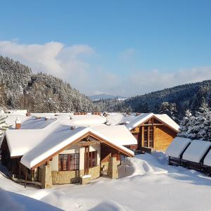 una casa con nieve en el techo en Rezydencja Leśny Dwór, en Piwniczna-Zdrój