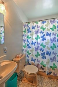 a bathroom with a toilet and a shower curtain at Catalina Mtn Views, BBQ Ready Cozy Tucson House in Tucson