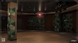 a dark room with a pillar with green and white tiles at Fame Residence Kemer & Spa in Kemer