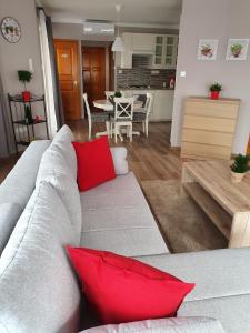 sala de estar con sofá gris y almohadas rojas en Pannonia Apartman en Esztergom