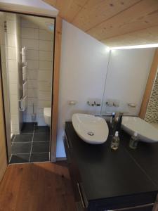 uma casa de banho com 2 lavatórios, um WC e um chuveiro em Pradamont 09 em Grimentz