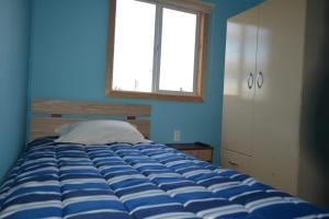 Cama grande en habitación azul con ventana en Sima Michi en Puerto Natales