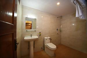 a bathroom with a sink and a toilet and a mirror at Greatwall International Hotel in Kathmandu