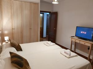 two beds in a room with a tv on a table at MADESAIK in Breña Baja