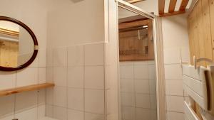 APPARTEMENT ST JEAN D'AULPS - PROCHE MORZINE - PIED DES PISTES - Moussière 8 في سان جان دو أولبس: حمام مع دش ومرآة