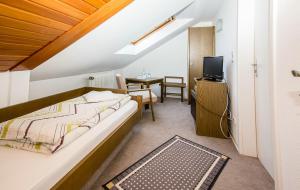 a bedroom with a bed and a table with a television at Villa Bruderfels, Garni in Rodalben