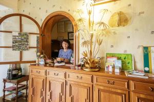 a woman sitting at a counter in a room at Villa Bruderfels, Garni in Rodalben