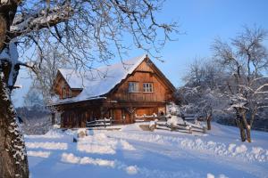 een houten huis in de sneeuw met sneeuw bedekte bomen bij Urlaub am Bauernhof Höbarten in Sankt Anton an der Jessnitz