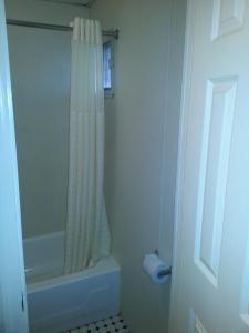 a bathroom with a shower with a shower curtain at Americana Motel in Avenel