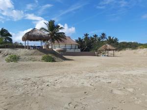 a beach with umbrellas and a house on it at Luxury apartment with ocean view at the beach in Cabarete