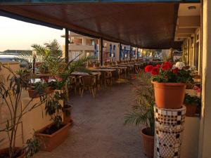 une rangée de tables et de chaises avec des plantes et des fleurs dans l'établissement Hotel Dacia Sud, à Mamaia