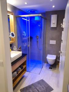 uma casa de banho com um chuveiro, um lavatório e um WC. em Apartment Leontina em Kaprun
