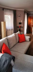 salon z kanapą i czerwonymi poduszkami w obiekcie Pannonia Apartman w mieście Ostrzyhom