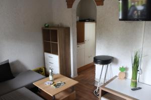 una sala de estar con un sofá y una mesa en Zum-Seehörnchen Haus Fuchs, en Tanna