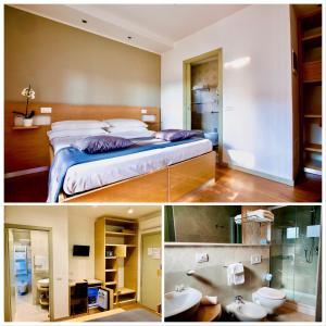 Hotel Liane Riccione في ريتشيوني: صورتين لغرفة نوم مع سرير وحمام