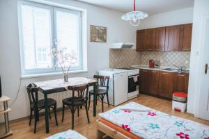 a kitchen with a table and chairs and a table and a table and a kitchen at Klub U Námořníka in Dvůr Králové nad Labem
