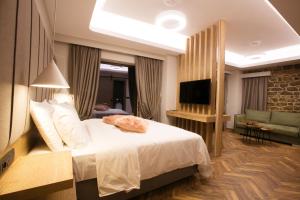 a hotel room with a bed and a television at Adryades luxury apartments in Metsovo