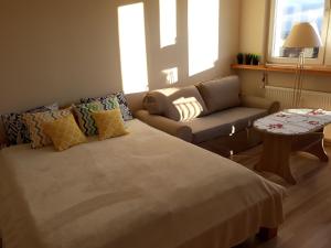 ein Wohnzimmer mit einem Sofa und einem Tisch in der Unterkunft Apartament Czwarte Piętro in Świecie