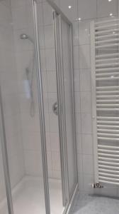 W łazience znajduje się prysznic ze szklanymi drzwiami. w obiekcie Ferienwohnung Wohlesser w mieście Annaberg im Lammertal